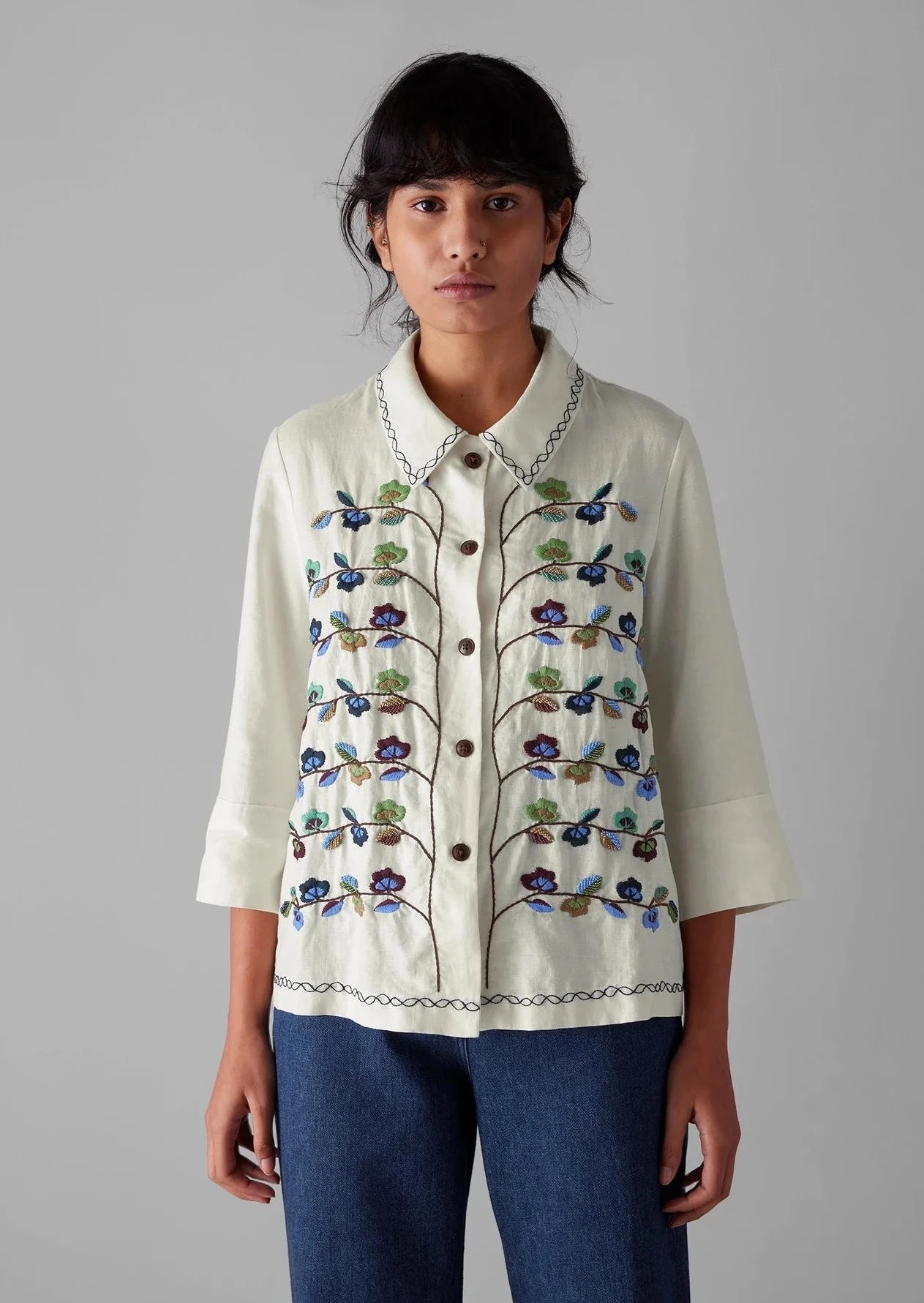 Trailing Flower Hand Embroidered Shirt, Ecru