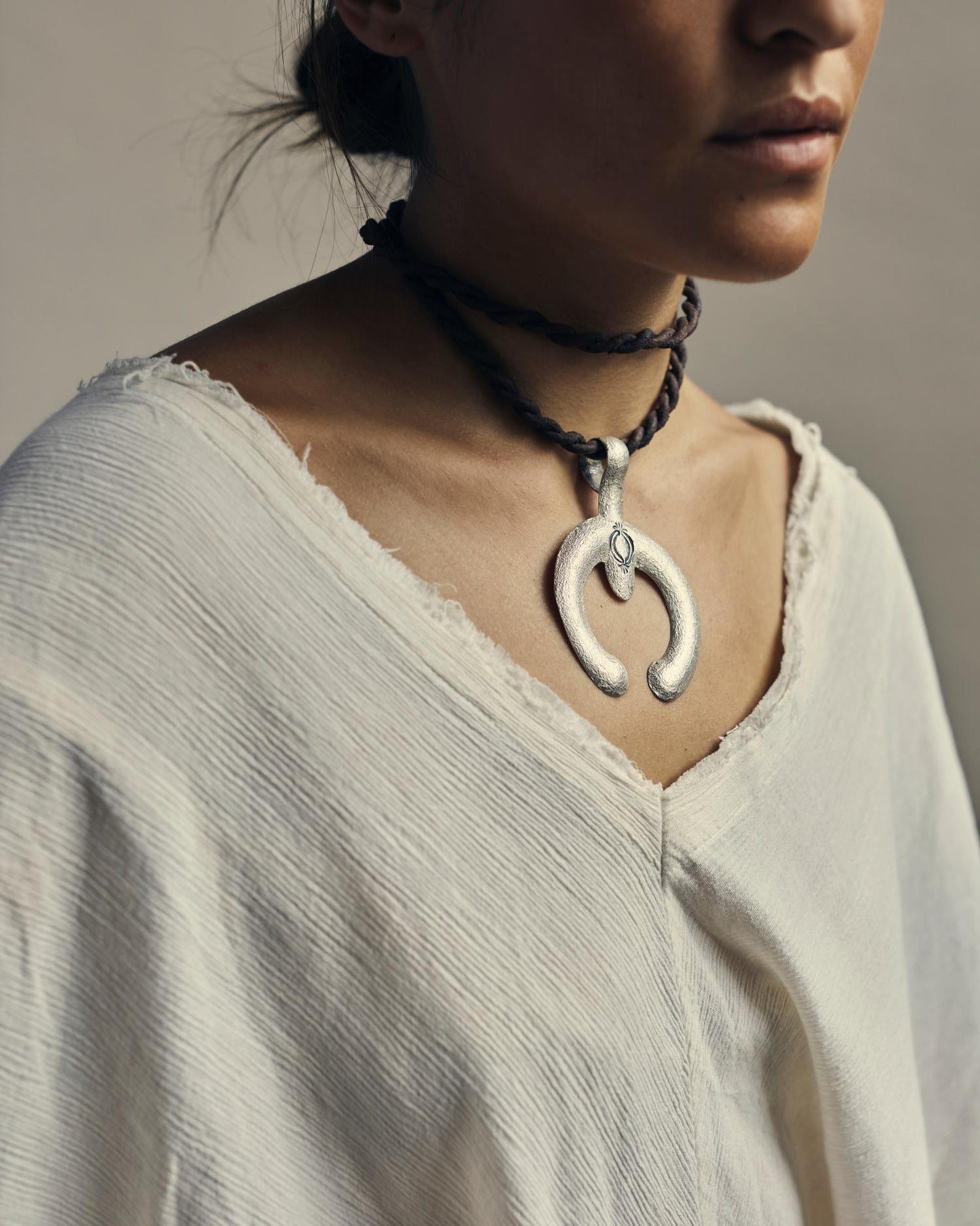 Large Naja Pendant with Twisted Leather Cord