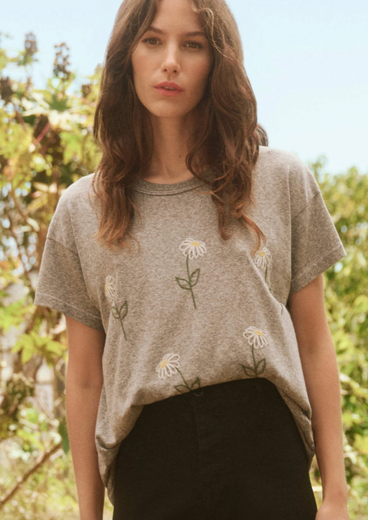 The Boxy Crew with Sunflower Embroidery, Heather Grey