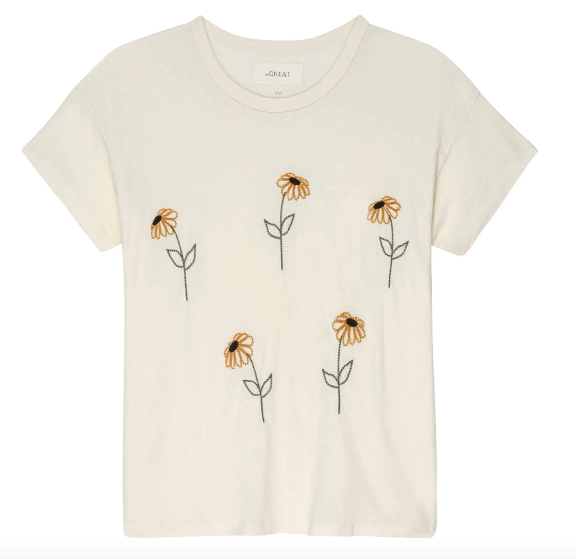 The Boxy Crew with Sunflower Embroidery, Washed White