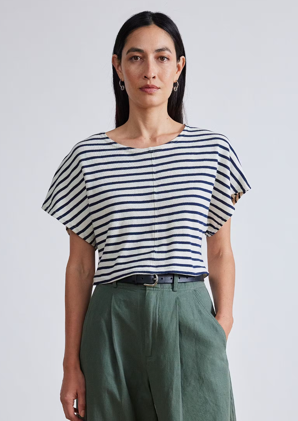 Luju Crop Tee, Navy & Cream Stripe