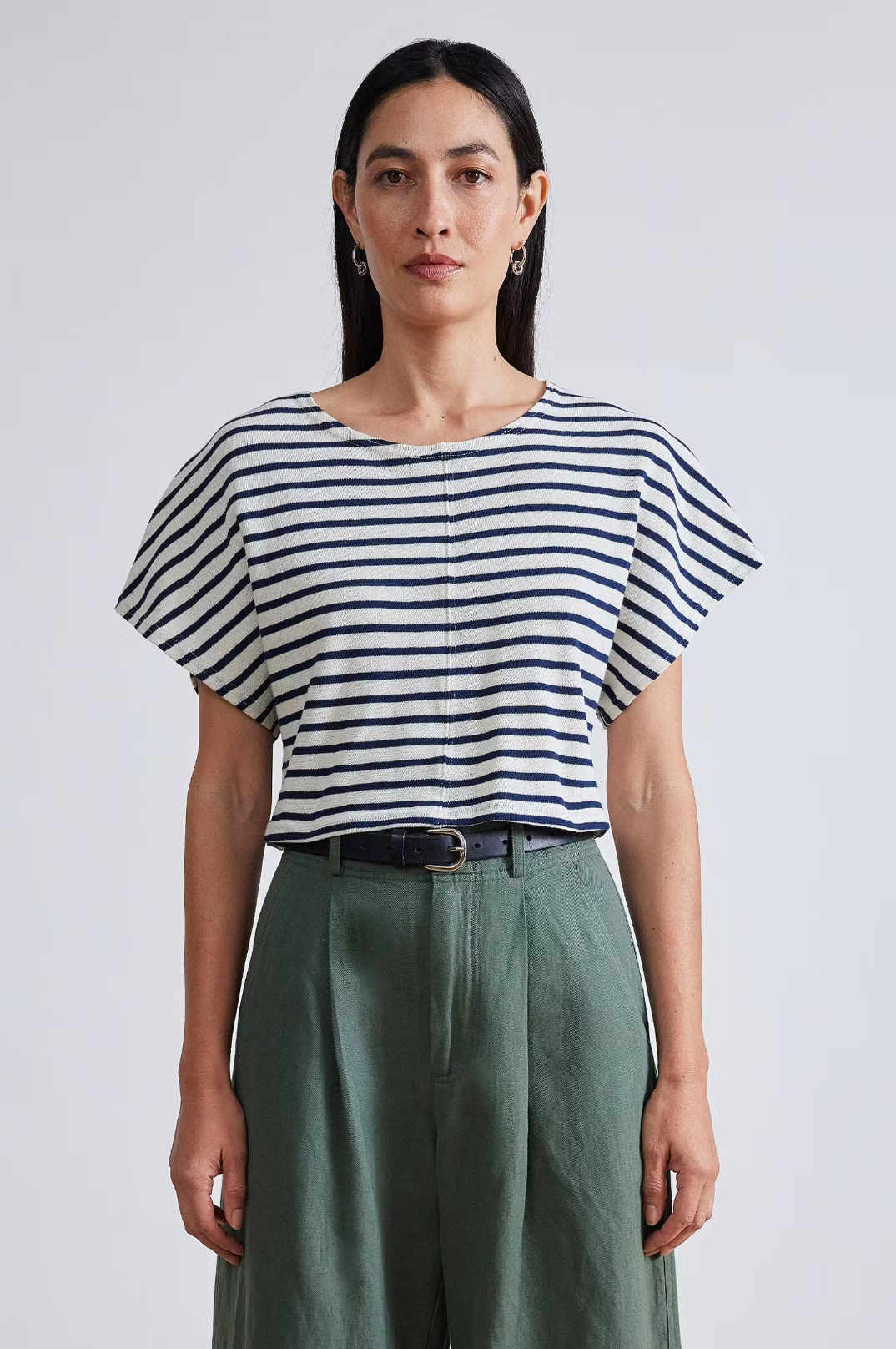 Luju Crop Tee, Navy & Cream Stripe