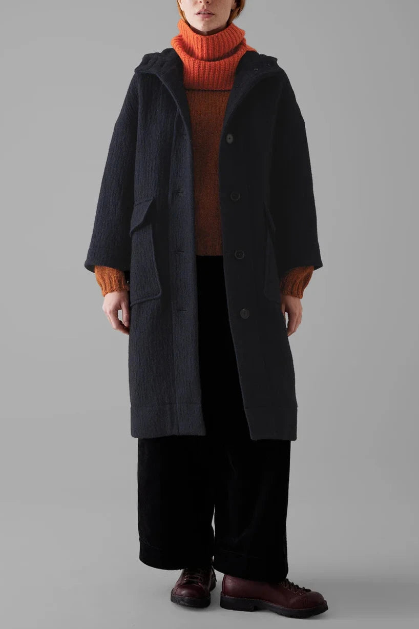 Navy Wool Hooded Coat, Dark Navy