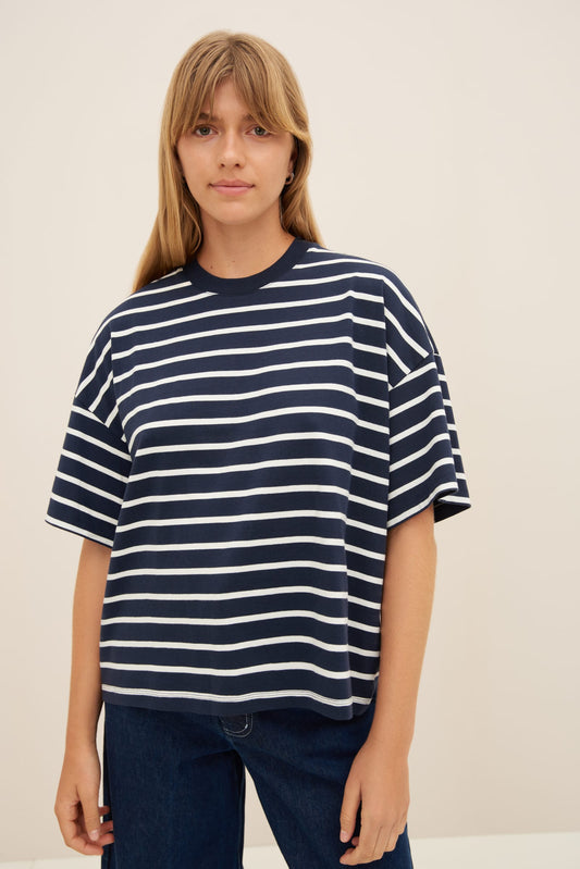 Oversized Boxy Tee, Navy Breton