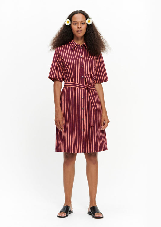 Striped Marimekko short-sleeved Palsta button-up dress is made of cotton in the Piccolo pattern. 