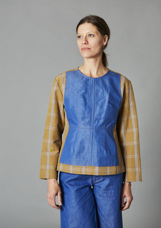 Monica Top, Mustard Window Pane & Denim