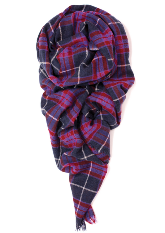 Raw Fringed Scarf, Navy Plaid