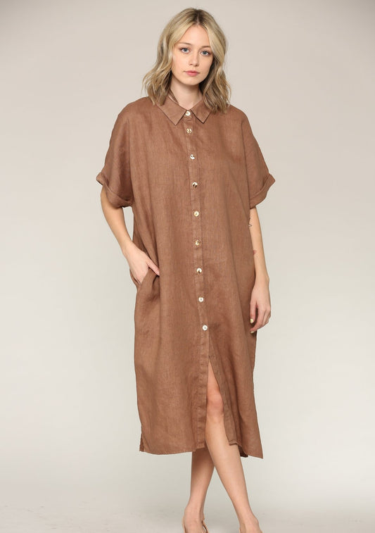 Alexa Linen Shirt Dress, Wheat